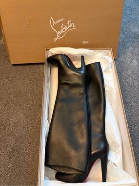 Christian Louboutin Black Leather Knee-High Stiletto Boots with Red Sole